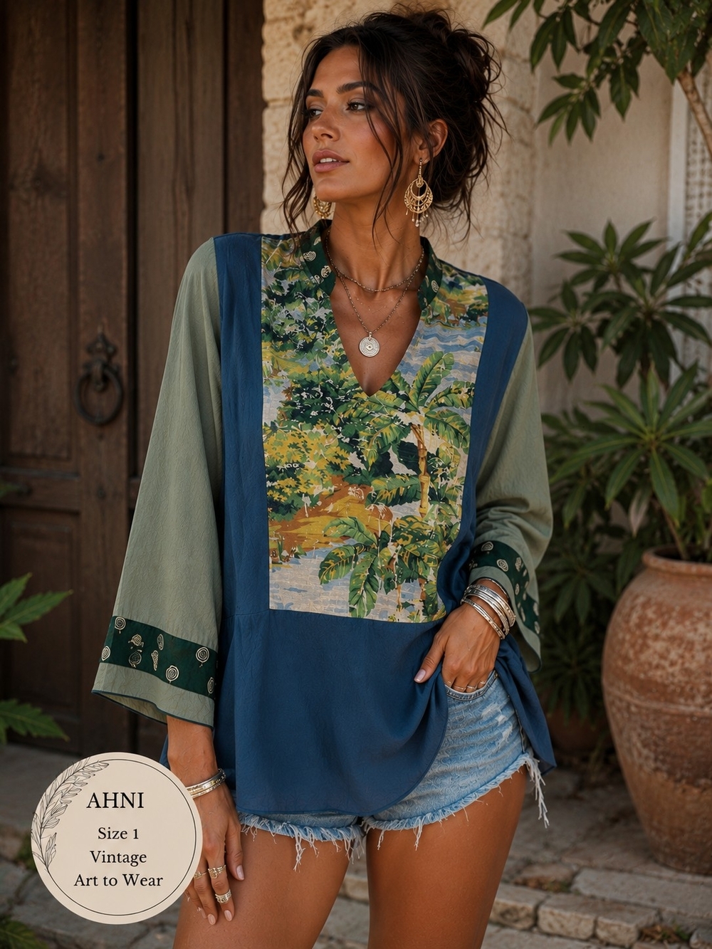 Vintage AHNI Art to Wear Tropical Boho Flowy Top Medium USA Made